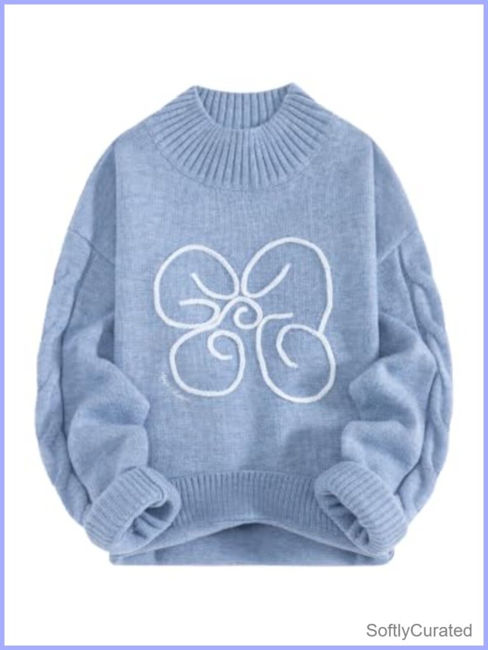 Oversized Flower Graphic Mock Neck Knit Pullover Sweater